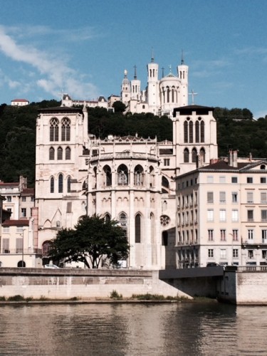 St. Jean is in the foreground, Notre Dame de Fourviere is atop the hill.