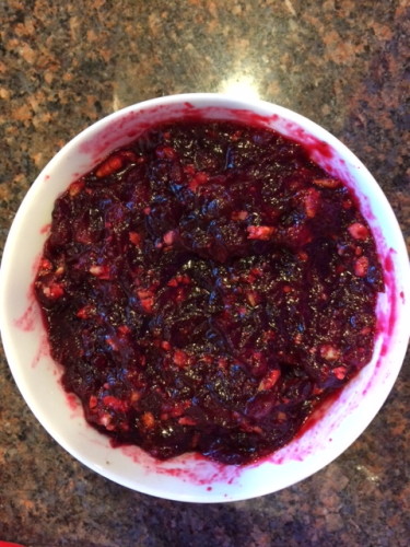 Cooked cranberry-mint relish with pecans.